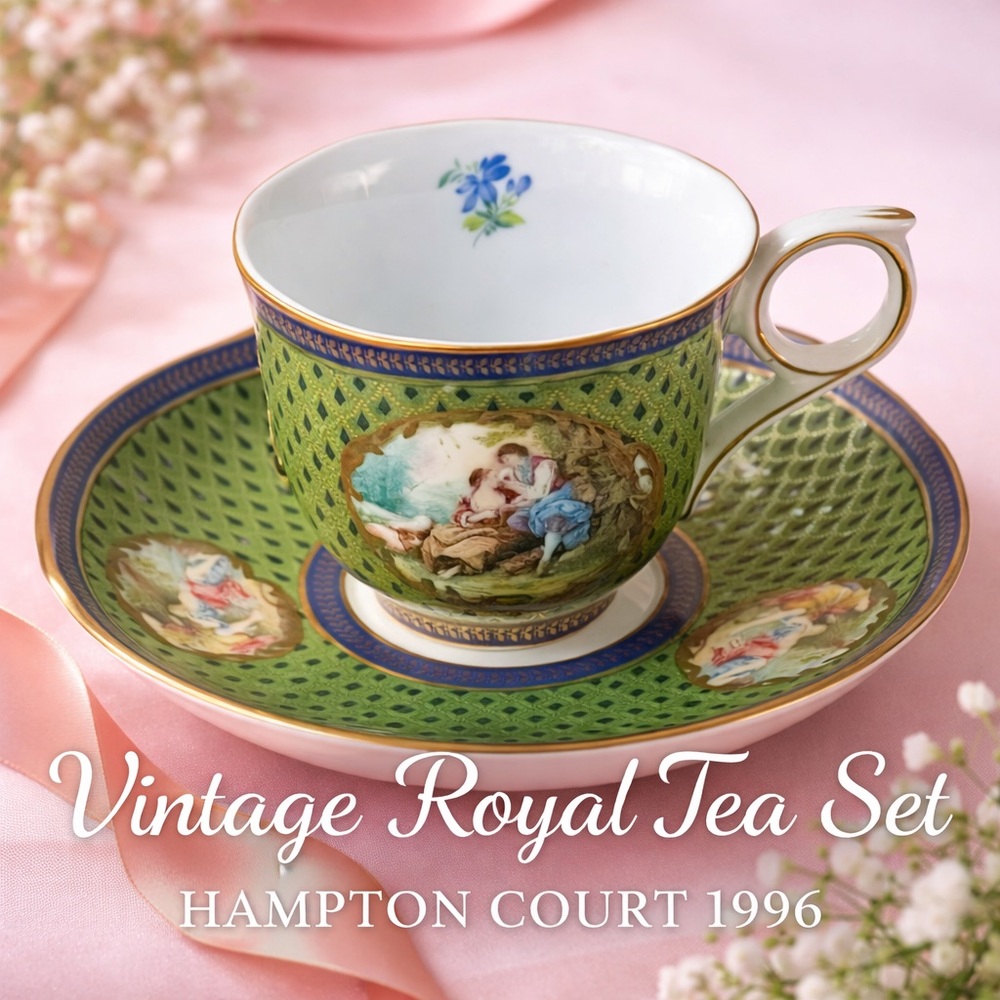 Vintage Hampton Court Palace England Teacup & Saucer Green Gold Gilt Romantic
